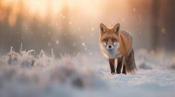 Red Fox Walking Through Snow During Winter Sunset photo