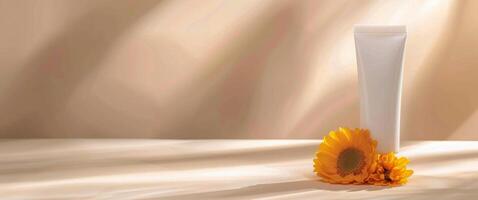 Sunflower and Cream Tube on Wooden Surface With Soft Lighting photo