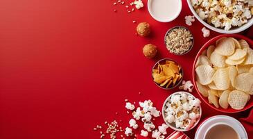 Assorted Snacks and Coffee on Red Background for Movie Night Gathering photo