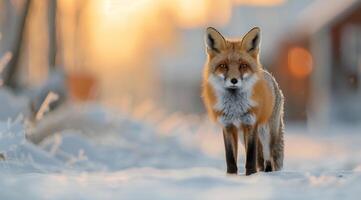 Red Fox Walking Through Snow During Winter Sunset photo