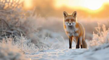 Red Fox Walking Through Snow During Winter Sunset photo