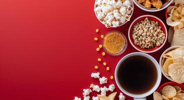 Assorted Snacks and Coffee on Red Background for Movie Night Gathering photo