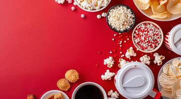 Assorted Snacks and Coffee on Red Background for Movie Night Gathering photo