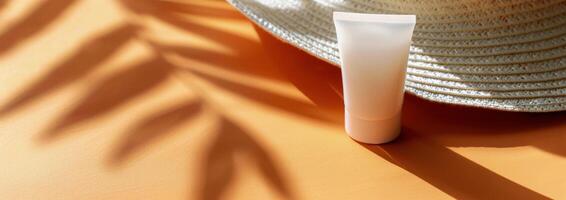 Sunscreen Bottle Resting Beneath Straw Hat on Sunlit Surface photo