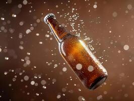 Glass beer bottle floating in the air. The is covered with droplets of water. photo