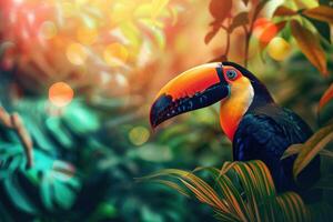 Toucan in a jungle. Vibrant colors with gradient holographic colors. photo