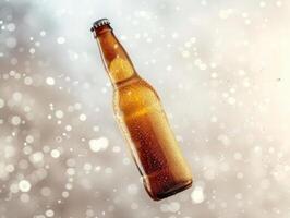 Glass beer bottle floating in the air. The is covered with droplets of water. photo