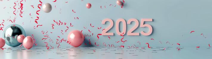 New Year Celebration 2025 Decorations With Colorful Ornaments And Confetti photo