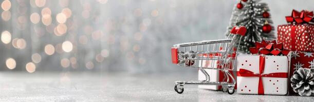 Mini Shopping Cart Next to Christmas Tree and Wrapped Gifts photo