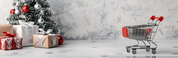 Mini Shopping Cart Next to Christmas Tree and Wrapped Gifts photo