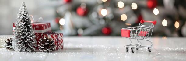 Mini Shopping Cart Next to Christmas Tree and Wrapped Gifts photo