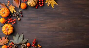 Autumn Decorations With Pumpkins, Pinecones, and Maple Leaves on Wooden Surface photo