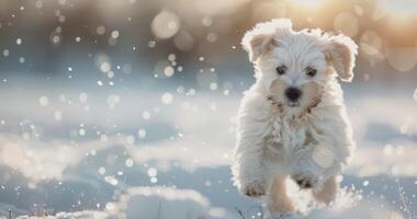 Playful Puppy Running Through Snow at Sunset photo