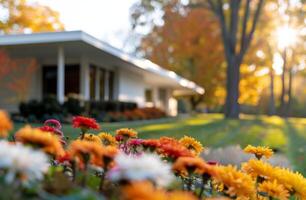Modern Home Surrounded by Autumn Gardens at Sunset photo