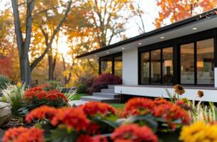 Modern Home Surrounded by Autumn Gardens at Sunset photo