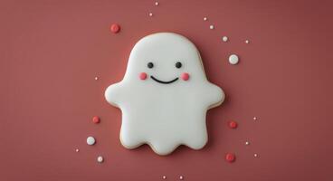 Cute Ghost-Shaped Cookie Decorated With Colors on a Red Background photo