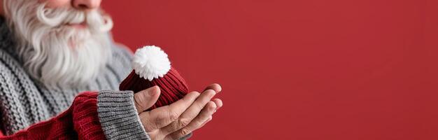 Hand Holding Christmas Gift Against Red Background photo