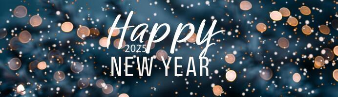 Black Ornament With Golden Happy New Year 2025 Text and Bokeh Lights on Wooden Surface photo