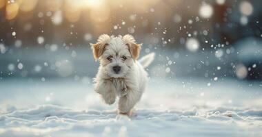 Playful Puppy Running Through Snow at Sunset photo