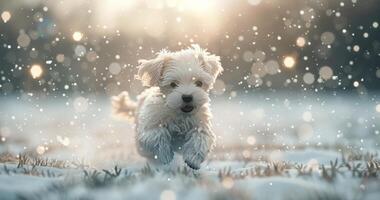 Playful Puppy Running Through Snow at Sunset photo