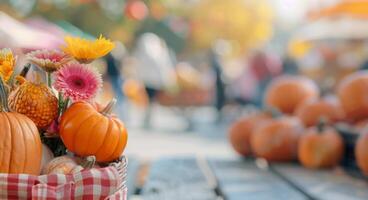 Autumn Harvest Market With Colorful Pumpkins and Seasonal Flowers in October photo