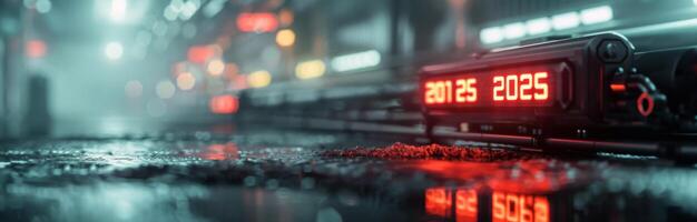 Futuristic Digital Display Board in a Rainy Urban Environment in 2025 photo