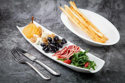 clasificado frutas, uva nueces, tocino y Rúcula, parte superior ver foto