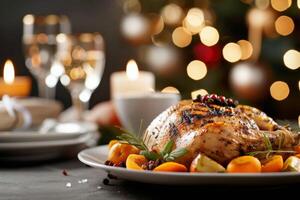 Festive Roast Chicken Garnished With Citrus and Berries on a Holiday Table photo