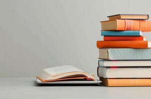 Stacked Books on a Tablet With Open Pages in a Minimalist Workspace photo