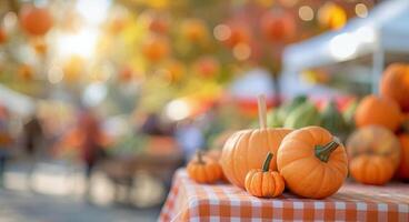 Autumn Pumpkin Market With Stalls and Visitors During Daylight photo