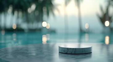 Marble Coaster on Table by Poolside With Lush Palm Trees at Sunset photo