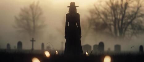 Mysterious Figure in Dark Attire Stands Amidst Foggy Graveyard at Dusk photo