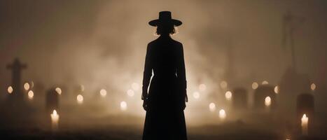 Mysterious Figure in Dark Attire Stands Amidst Foggy Graveyard at Dusk photo