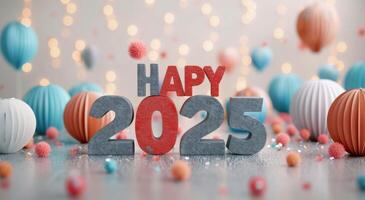 Happy 2025 Celebration With Colorful Balloons and Festive Decorations photo