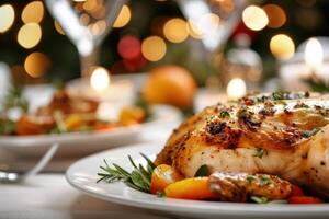 Festive Roast Chicken Garnished With Citrus and Berries on a Holiday Table photo
