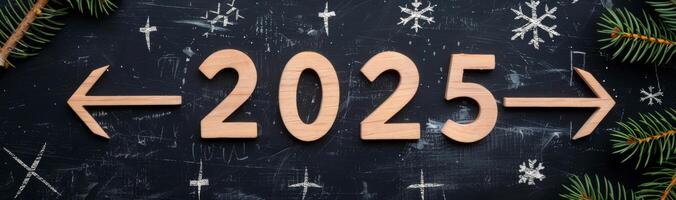 Wooden Arrow Pointing Left Towards 2025 on a Weathered Chalkboard Surface photo