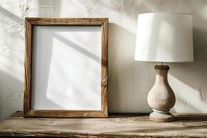 a wooden table with a blank white canvas with wood frame and a lamp photo