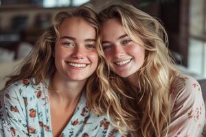 two beautiful lady wearing pyjamas smiling towards the camera photo