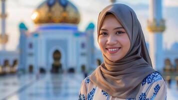 a happy young lady wearing stylish hijab with a mosque background photo