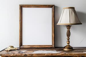 a wooden table with a blank white canvas with wood frame and a lamp photo