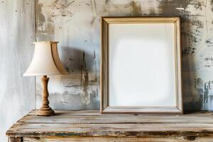 a wooden table with a blank white canvas with wood frame and a lamp photo