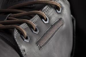 Part of a leather boot close-up. A fragment of the texture of leather shoes. photo