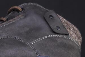 Part of a leather boot close-up. A fragment of the texture of leather shoes. photo