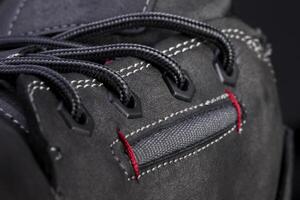 Part of a leather boot close-up. A fragment of the texture of leather shoes. photo