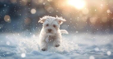 Playful Puppy Running Through Snow at Sunset photo