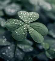 Close-Up of Dew-Kissed Four-Leaf Clover in a Lush Green Field at Dawn photo