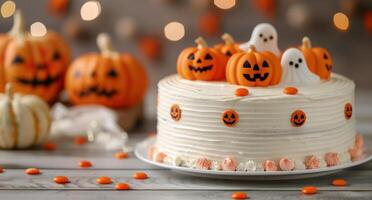 Halloween Themed Cake Decorated With Pumpkins and Ghosts on a Festive Table photo