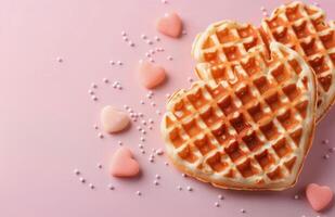Heart-Shaped Waffles Decorated With Sprinkles and Candy Hearts on Pink Surface photo