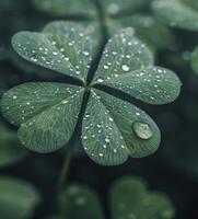 Close-Up of Dew-Kissed Four-Leaf Clover in a Lush Green Field at Dawn photo