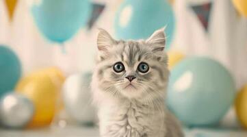 Fluffy Silver Kitten Surrounded by Balloons and Decorations at a Celebration photo